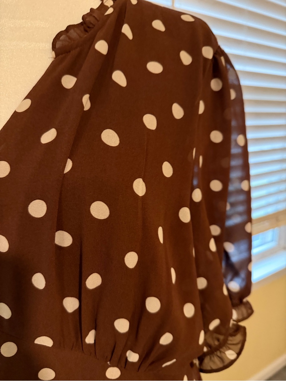 Brown Polka Dot Maxi Dress with Puff Sleeves - Classic Feminine Style - Picture 6 of 7